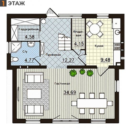 Планировка: Дом 135.79 м² в Краснодаре в КП Италия, этаж 1