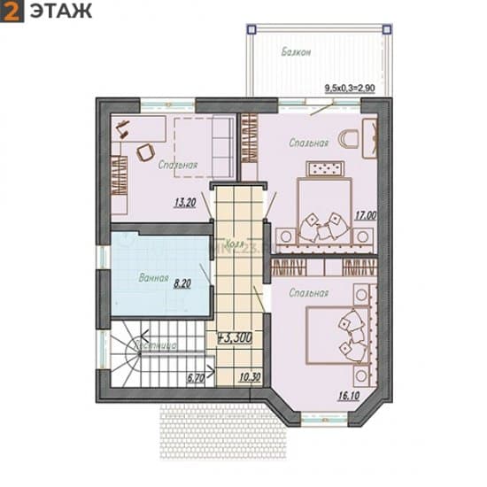 Планировка: Дом 146.85 м² в Краснодаре в КП Лазурный Берег, этаж 2