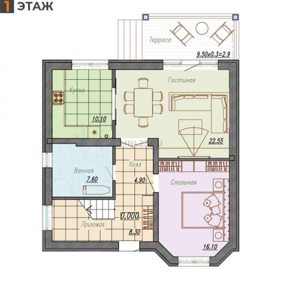 Планировка: Дом 147 м² в Краснодаре в КП Лазурный Берег, этаж 1