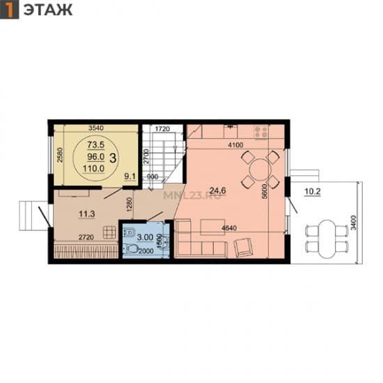 Планировка: Дуплекс 110 м² в Краснодаре в КП Малиновка, этаж 1