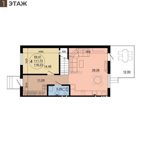 Планировка: Дуплекс 119 м² в Краснодаре в КП Малиновка, этаж 1