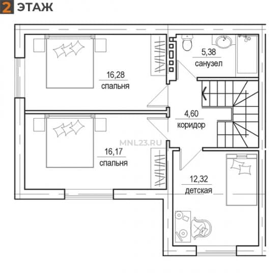 Планировка: Дуплекс 125 м² в Краснодаре в КП Бавария, этаж 2