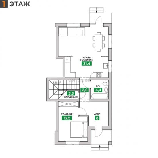 Планировка: Дуплекс 126 м² в Краснодаре в КП Знатный Двор, этаж 1