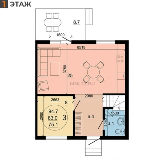 Планировка: Дуплекс 95 м² в Краснодаре в КП Малиновка, этаж 1