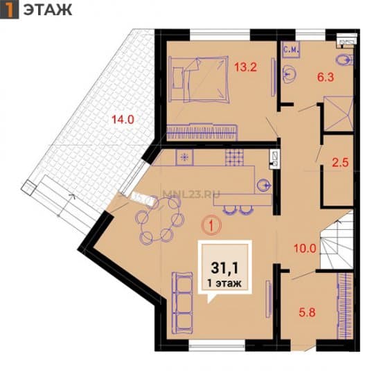Планировка: Таунхаус 110.4 м² в Краснодаре в КП Golden VILLA, этаж 1