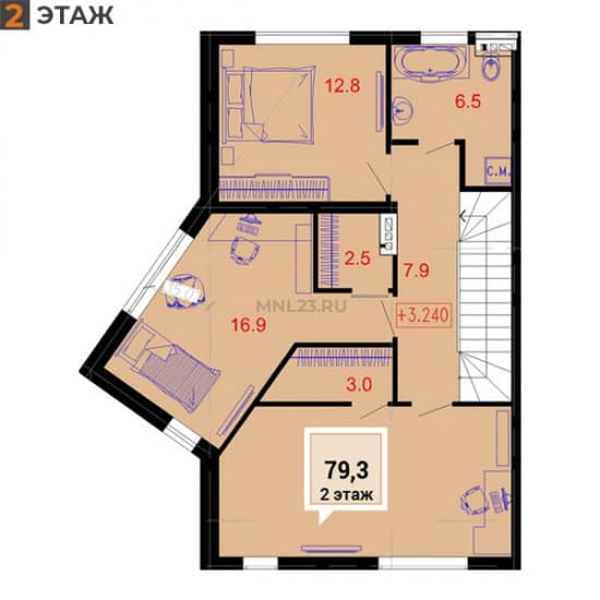 Планировка: Таунхаус 110.4 м² в Краснодаре в КП Golden VILLA, этаж 2