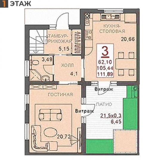 Планировка: Таунхаус 111.89 м² в Краснодаре в КП Португалия, этаж 1