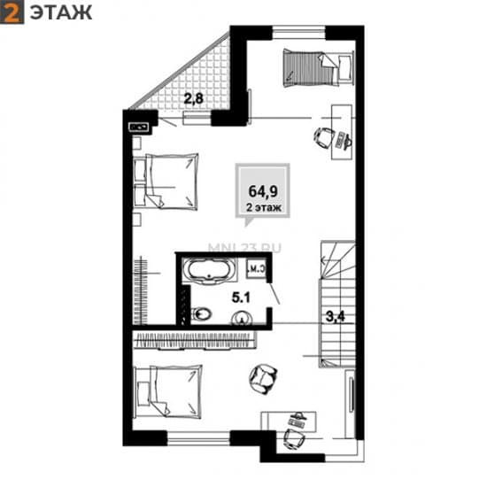 Планировка: Таунхаус 133.7 м² в Краснодаре в КП Golden VILLA, этаж 2