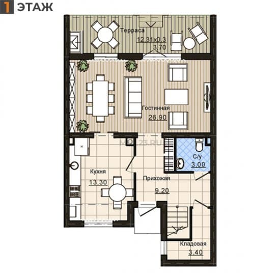 Планировка: Таунхаус 68.90 м² в Краснодаре в КП Немецкая Деревня, этаж 1
