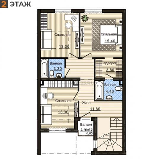 Планировка: Таунхаус 68.90 м² в Краснодаре в КП Немецкая Деревня, этаж 2