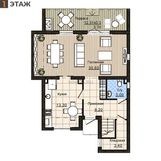 Планировка: Таунхаус 74.60 м² в Краснодаре в КП Немецкая Деревня, этаж 1
