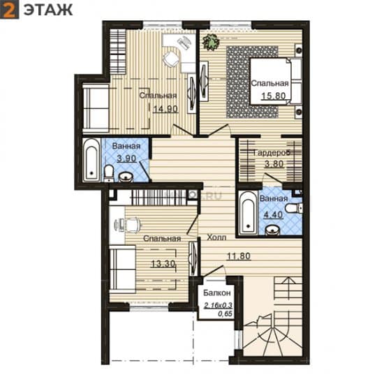 Планировка: Таунхаус 74.60 м² в Краснодаре в КП Немецкая Деревня, этаж 2
