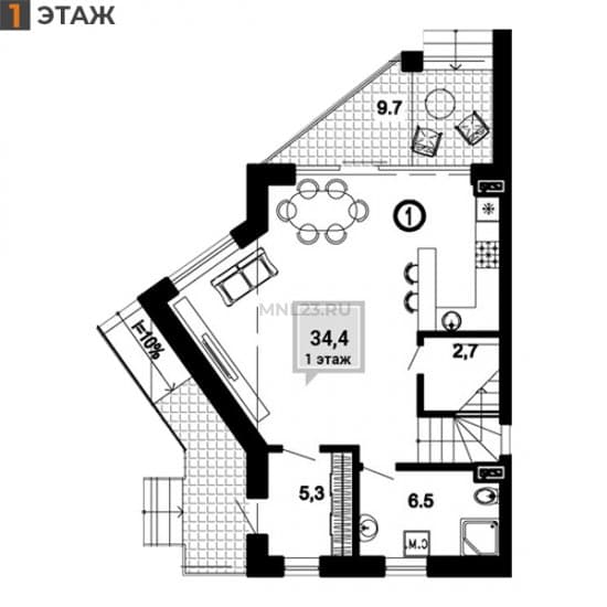 Планировка: Таунхаус 75.9 м² в Краснодаре в КП Golden VILLA, этаж 1