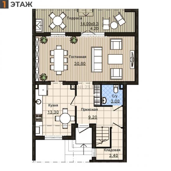 Планировка: Таунхаус 76.80 м² в Краснодаре в КП Немецкая Деревня, этаж 1