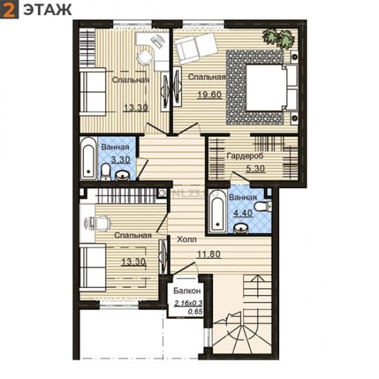 Планировка: Таунхаус 76.80 м² в Краснодаре в КП Немецкая Деревня, этаж 2