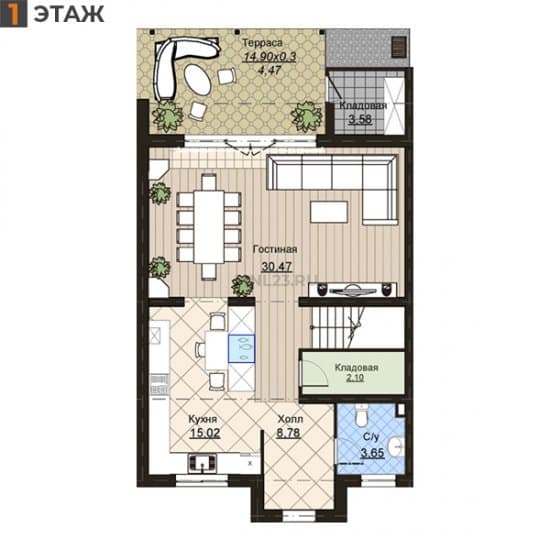 Планировка: Таунхаус 77.33 м² в Краснодаре в КП Немецкая Деревня, этаж 1