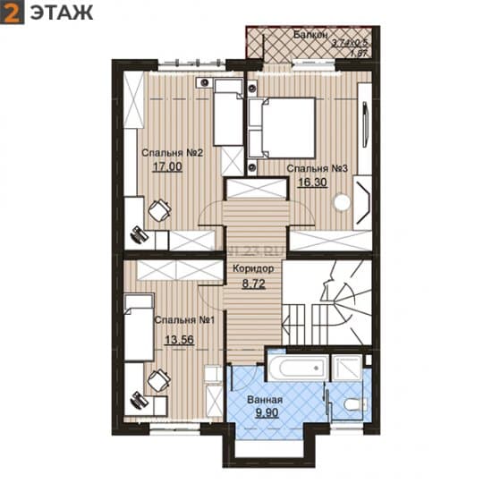 Планировка: Таунхаус 77.33 м² в Краснодаре в КП Немецкая Деревня, этаж 2