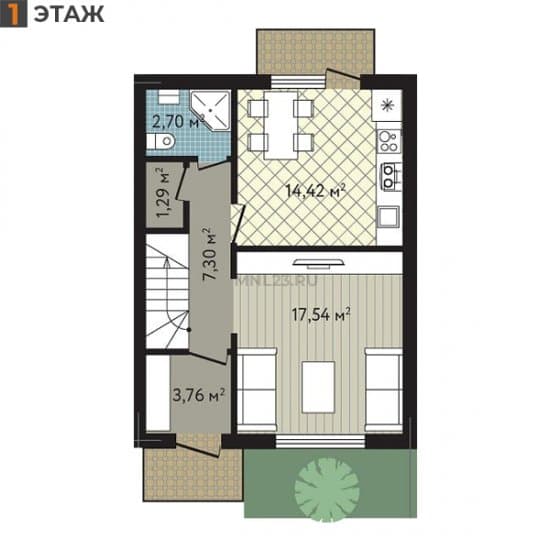 Планировка: Таунхаус 91.02 м² в Краснодаре в КП Близкий, этаж 1