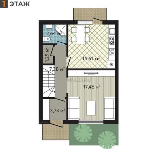 Планировка: Таунхаус 91.16 м² в Краснодаре в КП Близкий, этаж 1