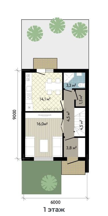 Планировка: Дом 90.4 м² в Краснодаре в КП Близкий, этаж 1