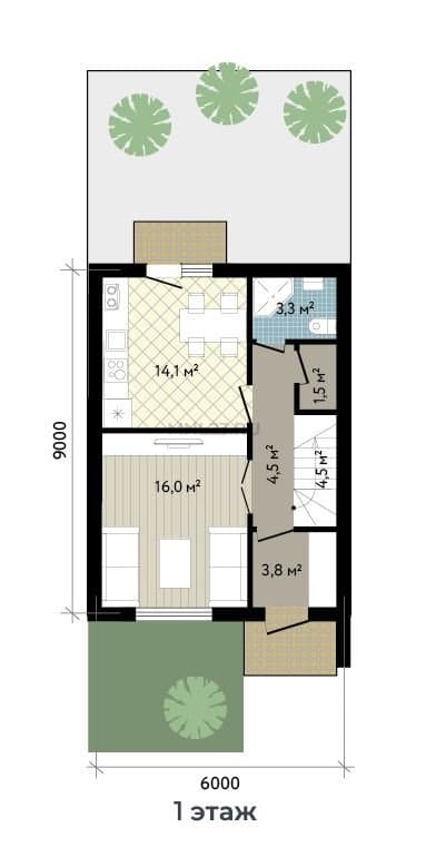 Планировка: Дом 90.6 м² в Краснодаре в КП Близкий, этаж 1