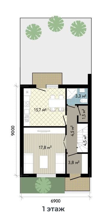 Планировка: Дом 96.8 м² в Краснодаре в КП Близкий, этаж 1
