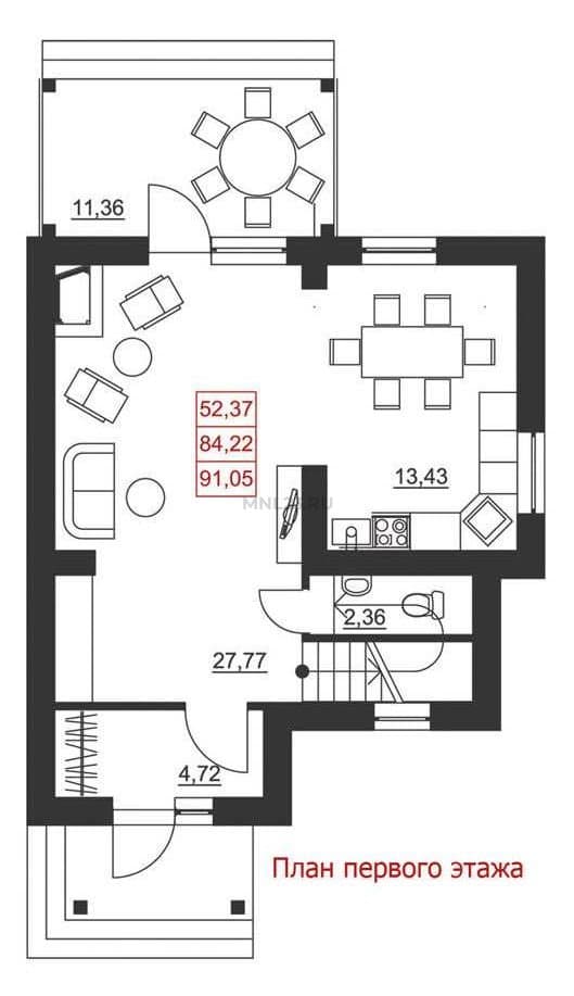 Планировка: Дом 91.05 м² в Краснодаре в КП Немецкая деревня, этаж 1