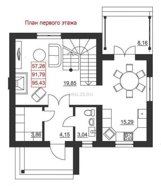 Планировка: Дом 95.43 м² в Краснодаре в КП Немецкая деревня, этаж 1