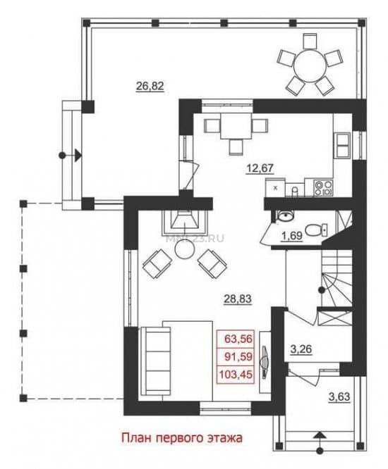 Планировка: Дом 103.45 м² в Краснодаре в КП Немецкая деревня, этаж 1