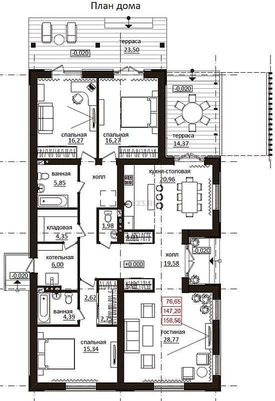 Планировка: Дом 158.56 м² в Краснодаре в КП Немецкая деревня