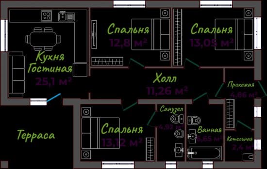 Планировка: Дом 95.2 м² в Краснодаре в КП Bountyhouse