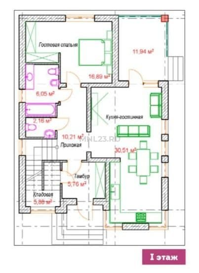 Планировка: Дом 138 м² в Краснодаре в КП Парковый, этаж 1