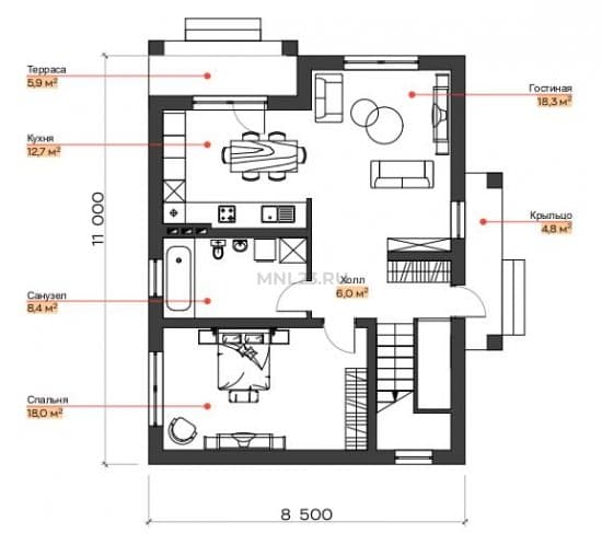 Планировка: Дом 126 м² (1) в Краснодаре в КП Гармония, этаж 1