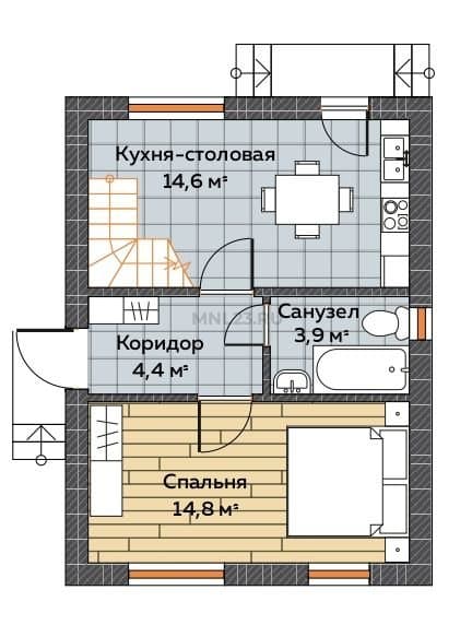 Планировка: Дом 50 м² в Краснодаре в КП Левый берег, этаж 1