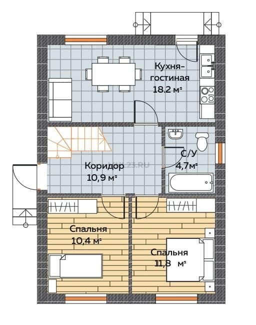 Планировка: Дом 70 м² в Краснодаре в КП Левый берег, этаж 1