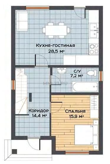 Планировка: Дом 2 этажный 90 м² (1) в Краснодаре в КП Левый берег, этаж 1