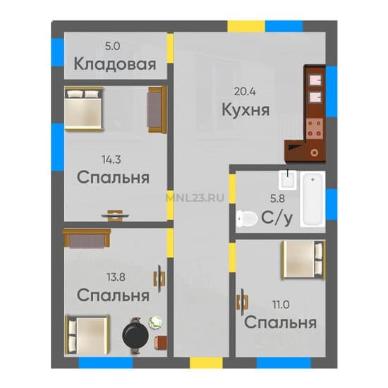 Планировка: Дом 70,3 м2 в Краснодаре в КК Яблоневый сад