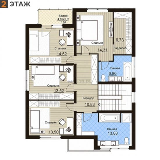 Планировка: Дом 196.17 м² в Краснодаре в КП Италия, этаж 2