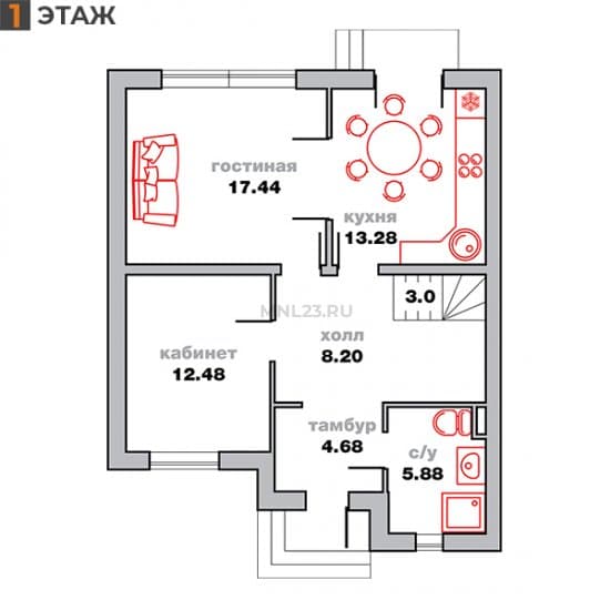 Планировка: Дуплекс 125 м² в Краснодаре в КП Австрия, этаж 1